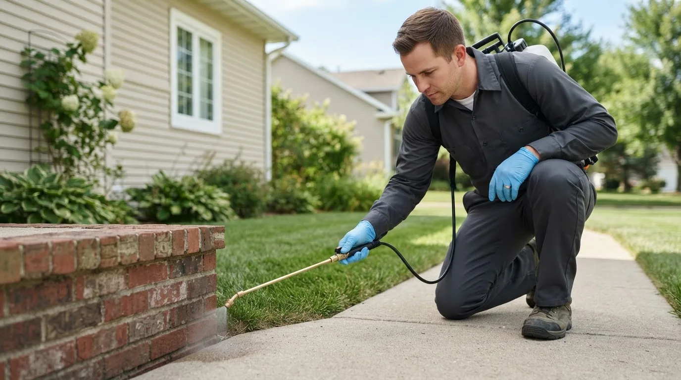 Pest control technician treating a home near Beallsville, OH