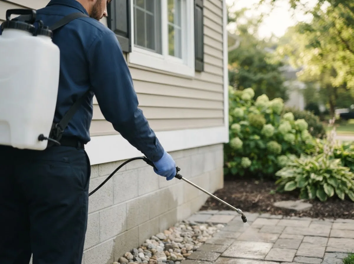 Pest control technician inspecting a home in Beallsville, OH